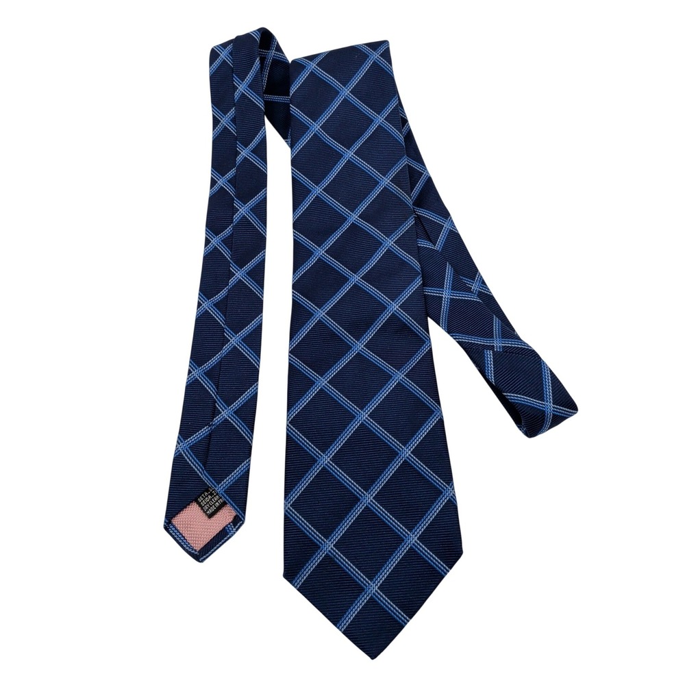 Thomas Pink Mens Silk Tie Navy Blue Light‎ Blue Geometric Lattice Made in France